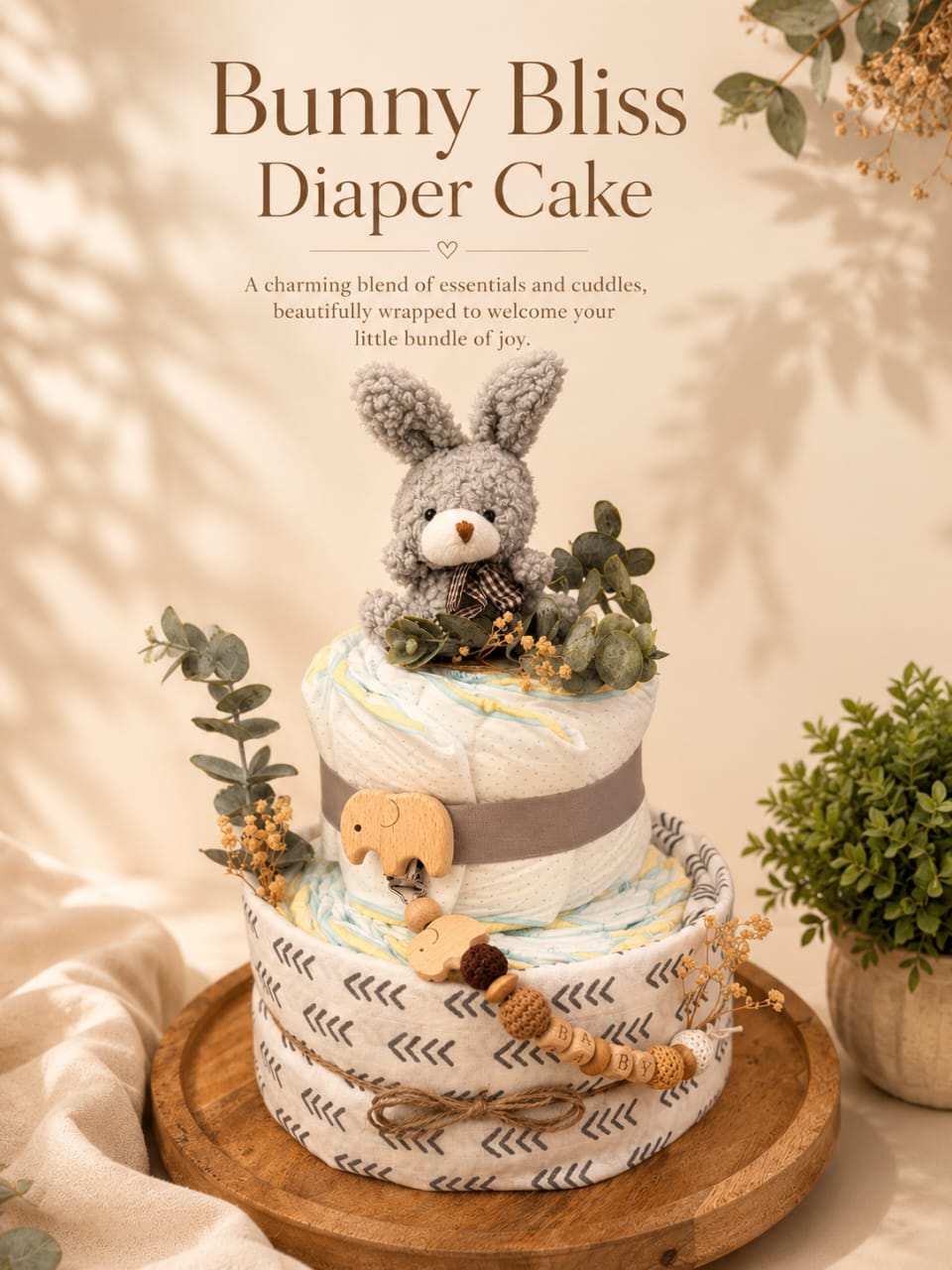 Bunny Bliss Grey Diaper Cake